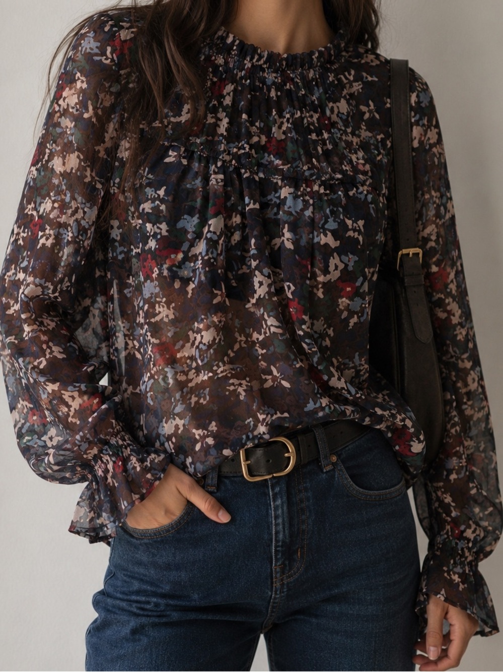 The Korner Floral Sheer Chiffon Blouse Long Sleeve Size L